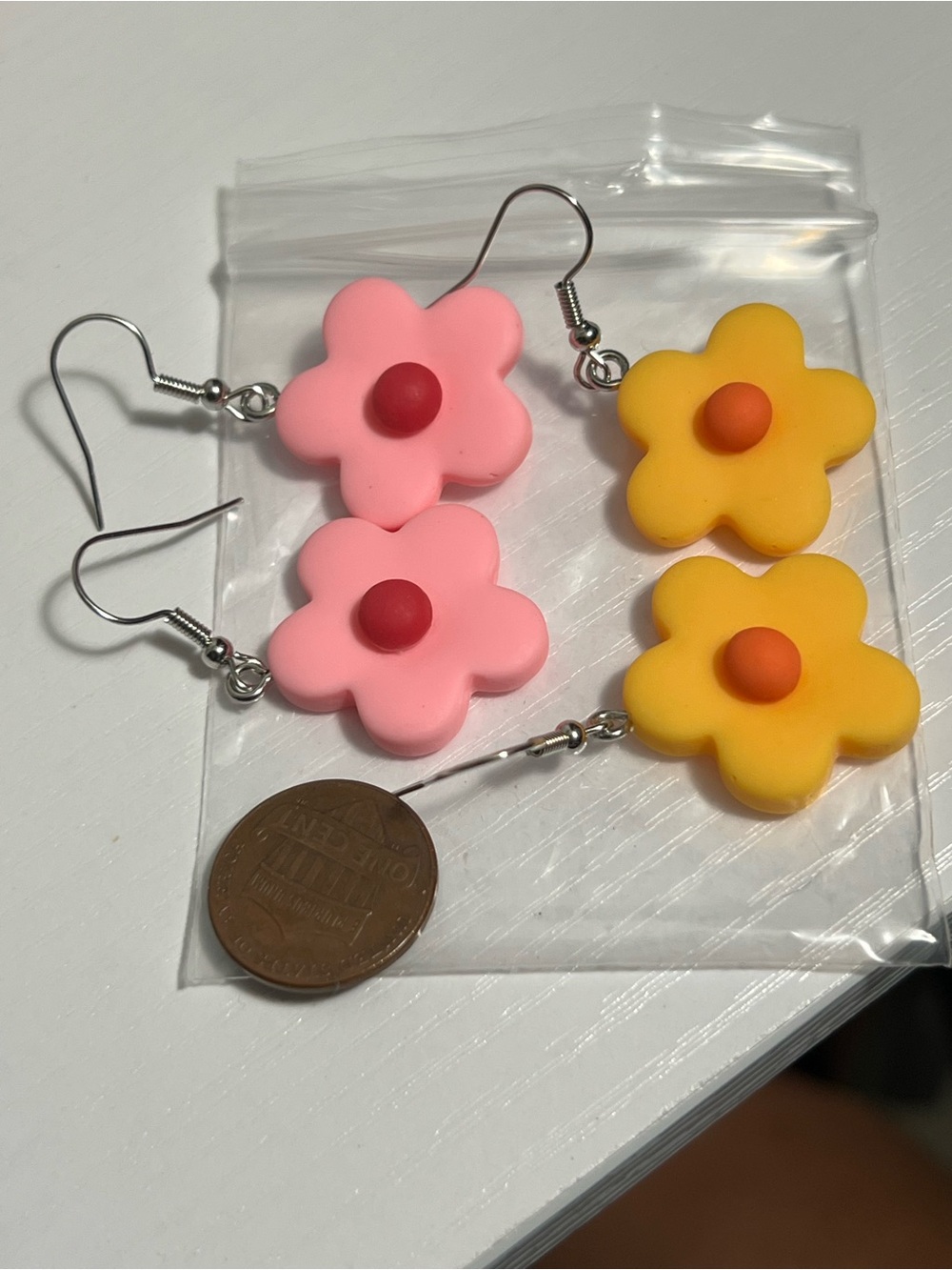 Flower Dangle Earrings - Pink & Yellow